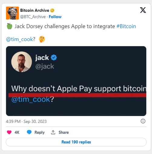 Jack Dorsey challenges Apple to integrate #Bitcoin
